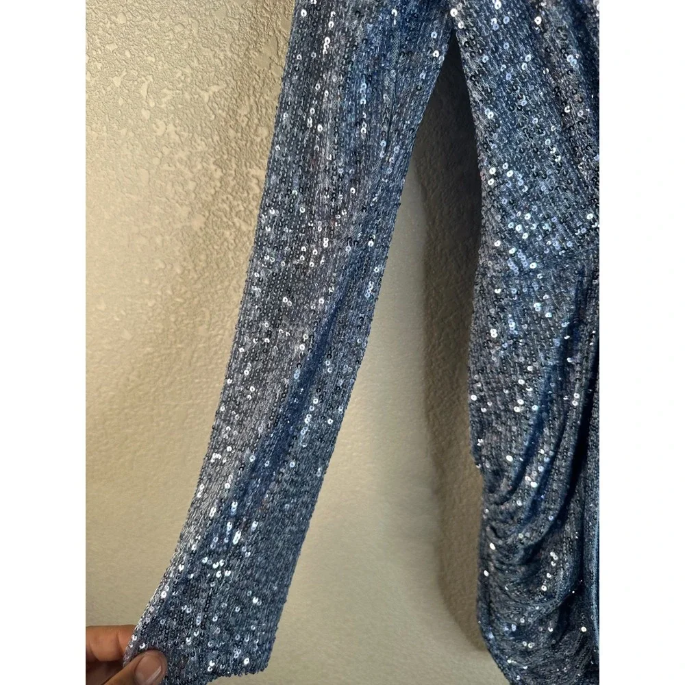 AGGI Women's Blue Sequin Deep V-Neck Ruched Long Sleeve Mini Dress Size Small